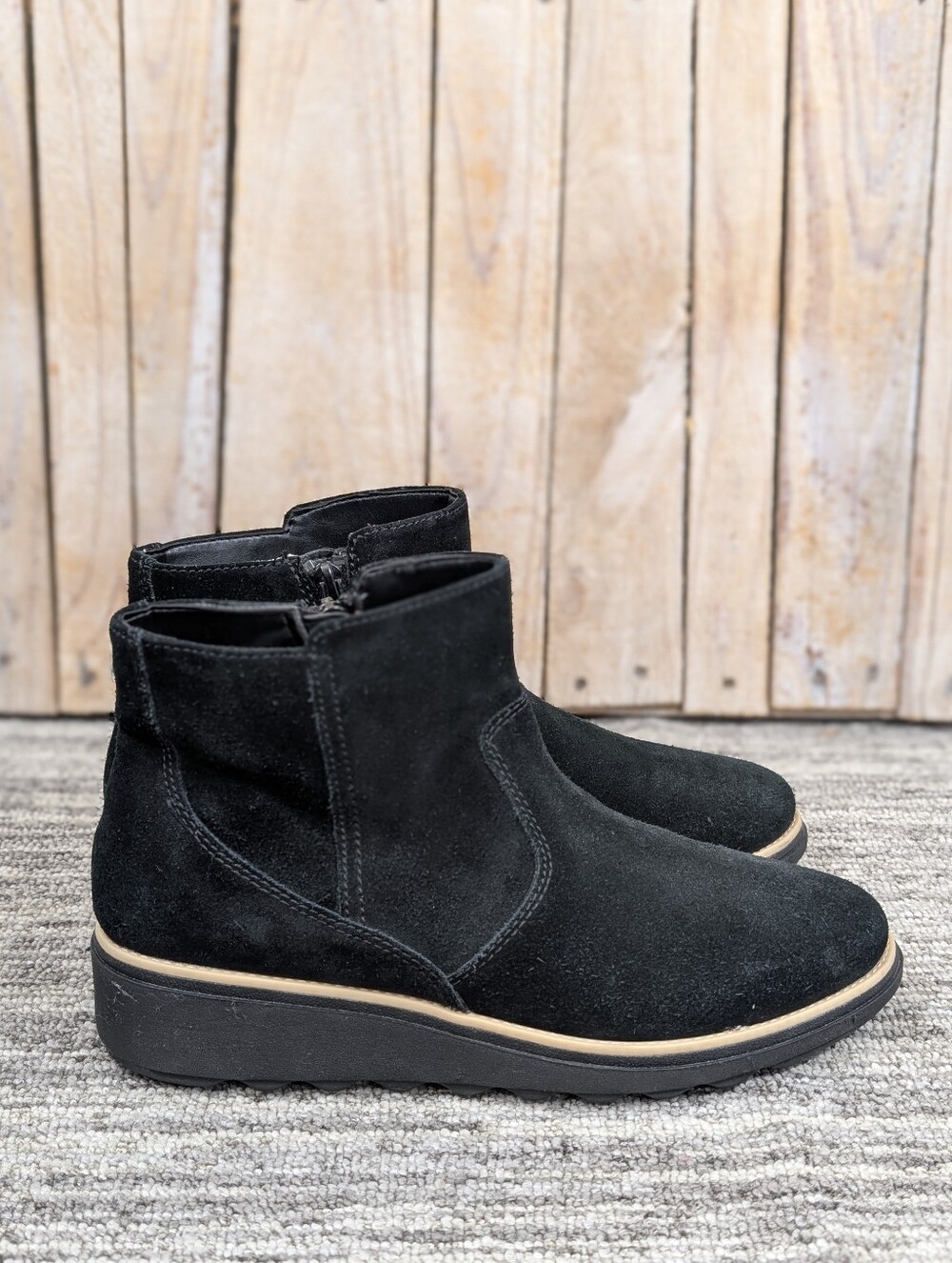 Clarks: Sharon Swing Ankle Wedge Bootie - Black Suede - Size 9